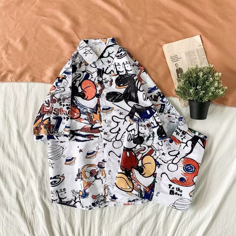 Graffiti Mickey Flower Shirt Women's Short-sleeved Summer Retro Hong Kong Style Loose plus size Student Couple's Polo Shirt Jacket