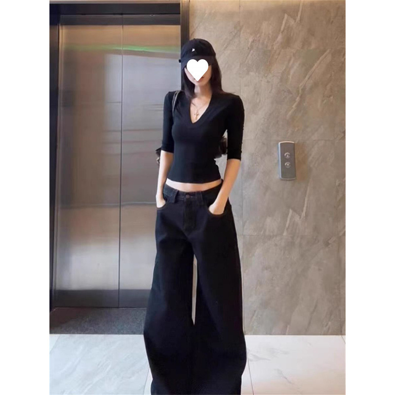 工厂直销 40支纯棉 韩系黑色V领五分袖上衣女chic别致辣妹小众T恤|undefined