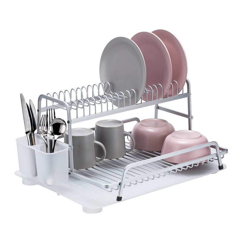 Fábrica al por mayor multiusos cocina vajilla de almacenamiento de doble capa de aluminio de gran capacidad de drenaje estante para platos