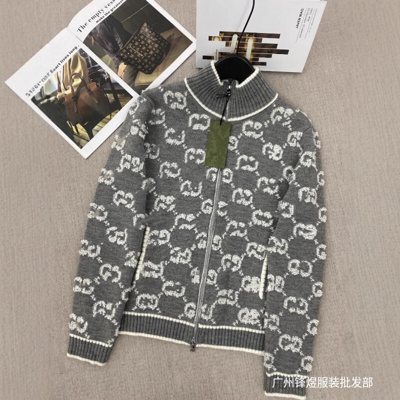 High Version Nanyou g Family New Towel Embroidered Stand Collar Zipper Double g Full Printed Knitted Wool Cardigan Jacket