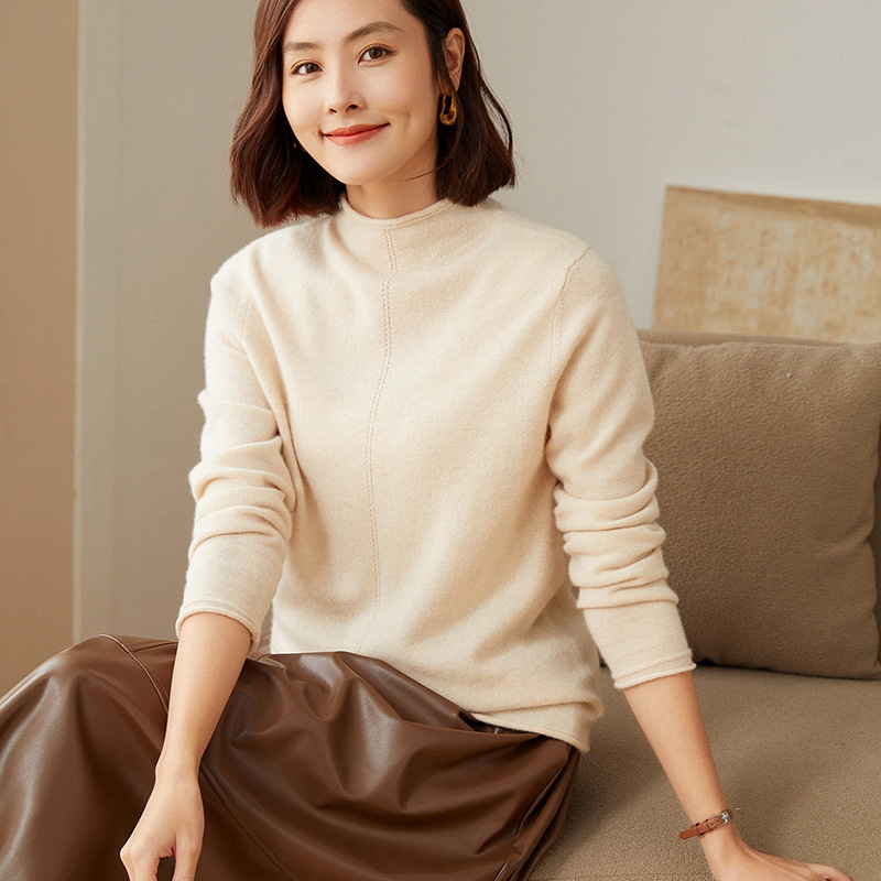 100% pure cashmere sweater half turtleneck curling women's autumn and winter top solid color inner sweater pullover long sleeve bottoming shirt