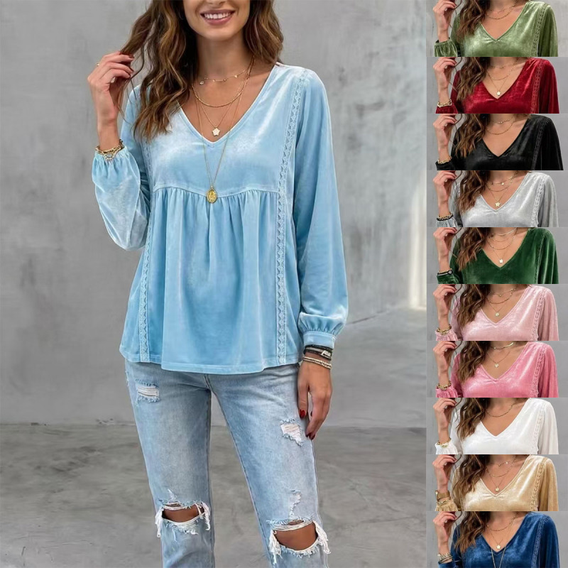 Cross-border European and American fashion: 2026 autumn new collection of women's clothing – V-neck, lace-trimmed, velvet, casual, loose-fitting, long-sleeved top/shirt Cross-border European and American fashion: 2026 autumn new collection of women's clothing – V-neck, lace-trimmed, velvet, casual, loose-fitting, long-sleeved top/shirt