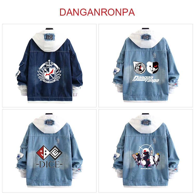 Bullet Theory broken Denim coat fake two-piece top two-dimensional cartoon cartoon cosplay coat hooded sweater Bullet Theory broken Denim coat fake two-piece top two-dimensional cartoon cartoon cosplay coat hooded sweater