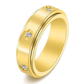 韩版韩式钛钢四叶草可转动戒指女士极简风首饰 个性18K金指环现货