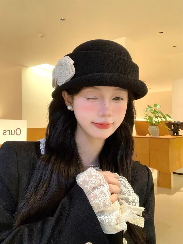 法式优雅花朵千金礼帽女秋冬羊毛透气大头围显脸小赫本风贝雷帽子|undefined