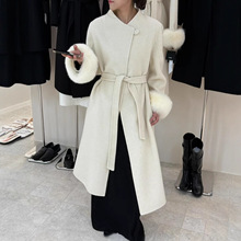 秋冬新款双面羊毛大衣女狐狸毛毛袖布包扣羊驼气质加长款大衣