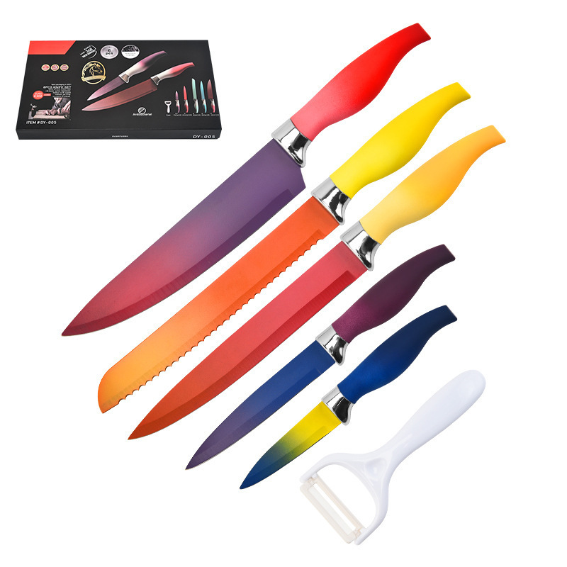 Fábrica de comercio exterior venta caliente suministro de nuevos cuchillos de acero inoxidable de cocina color gradiente mango de abdomen de seis piezas conjunto de herramientas