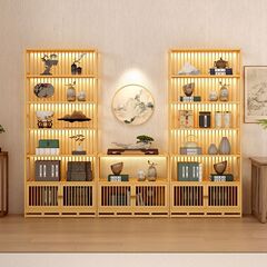 新中式博古架办公室书柜储物多宝阁带灯茶叶置物架茶室背景展示柜