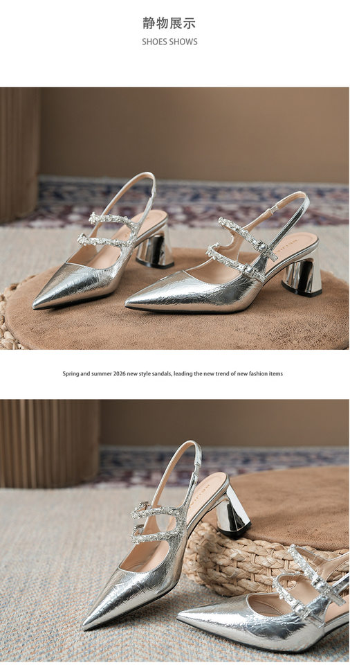Giày sandal cao gót nữ mũi nhọn gót thô hở gót kiểu Mary Jane đính đá, gót 6–8 cm — Màu bạc, Màu trắng ngà chi tiết 11