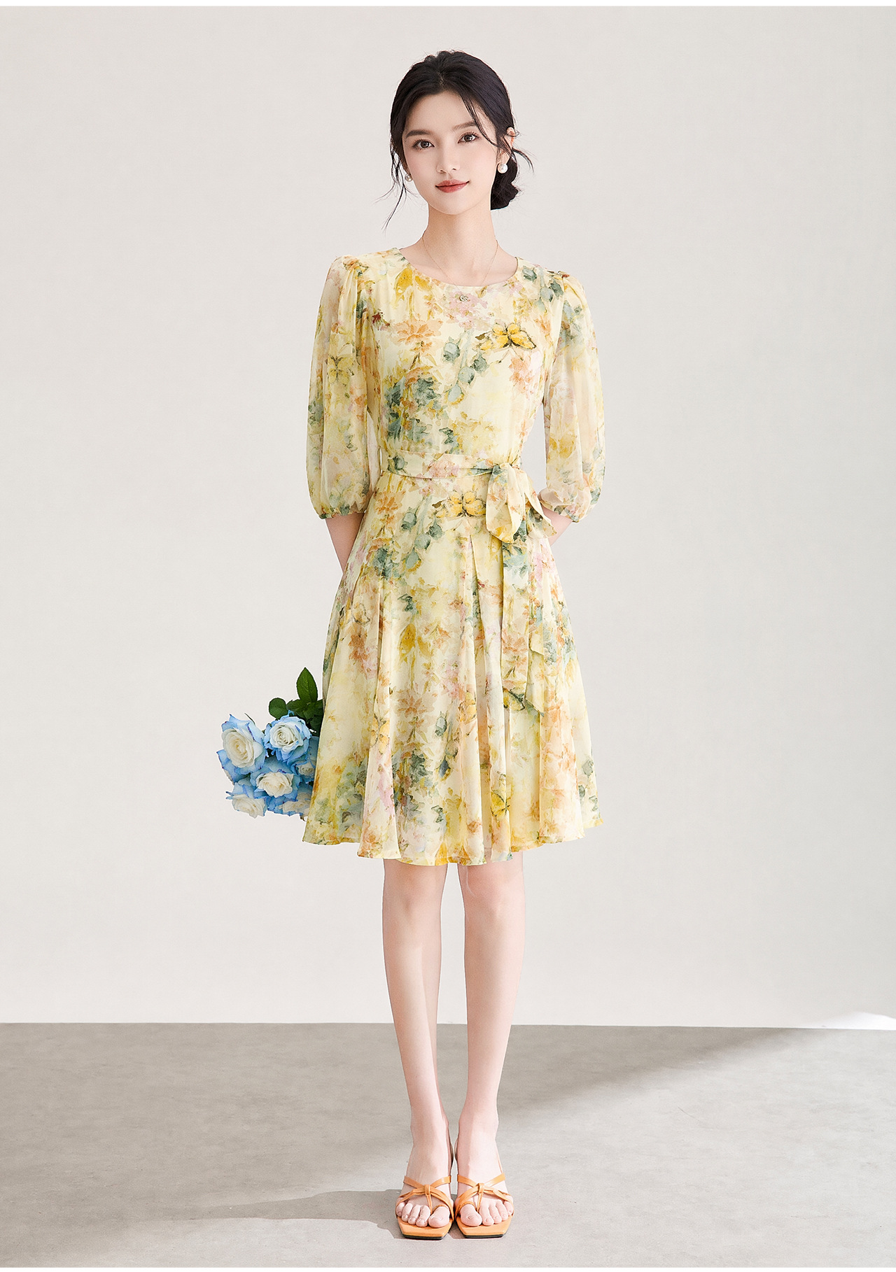 Đầm maxi nữ tay phồng hoa nhí chất liệu voan chiffon — xanh lá cây chi tiết 5