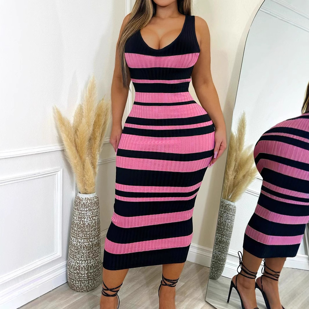 Striped Printed Sexy Sleeveless Ribbed Dress For Summer Women's Clothing_ecoleips.com