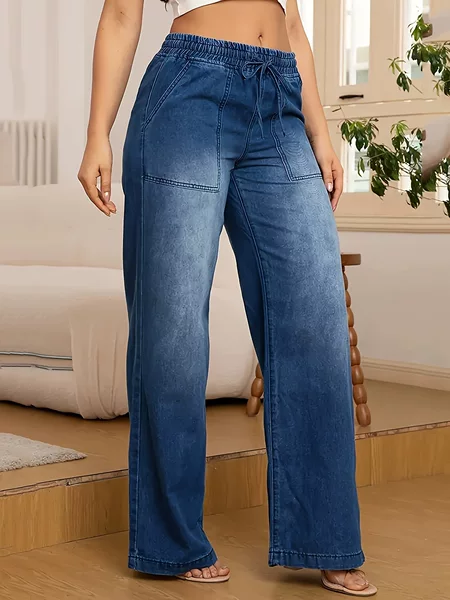 Cross-Border Amazon European and American Style Stretch Denim Pants with Drawstring Elastic Waist, Straight Wide-Leg Women's Mid-Waist Denim Pants