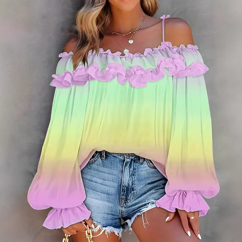 2025 Summer European and American Cross-Border Export New Sexy Off-Shoulder Contrasting Gradient Lace Lace Large Size Top