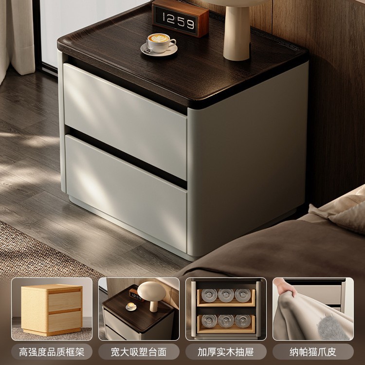 Mesa de cama de madera maciza lujosa alta sensación2024 nuevo estilo simple y moderno sensación de diseño pequeño gabinete junto a la cama del dormitorio familiar