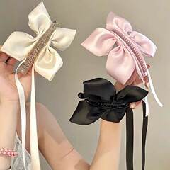 韓国バレエ風ピンクリボン猫耳バナナクリップ女性のスイートプリンセスポニーテールクリップヘアアクセサリー