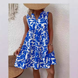 跨境欧美5亚马逊独立站速卖通新品夏季印花V领时尚简约无袖连衣裙