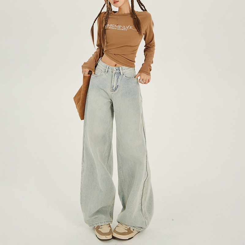 American retro low waist loose wide-leg pants autumn and winter versatile straight jeans for women