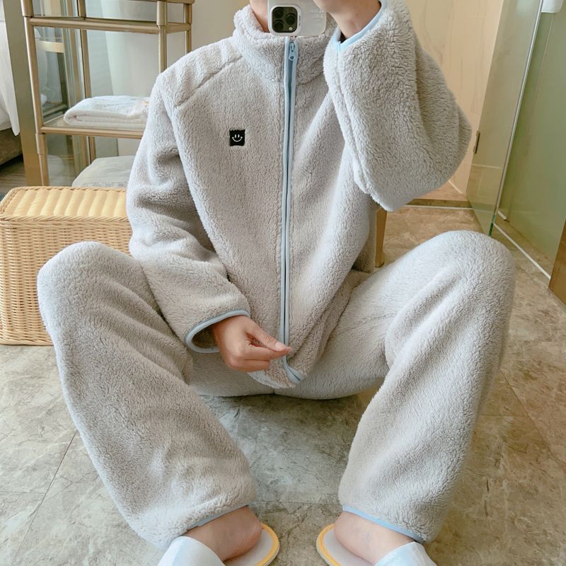 Teenagers Pajamas Men's Autumn and Winter Coral Fleece Warm Flannel Thickened Zipper Large Size Plus Fat Home Clothes Set