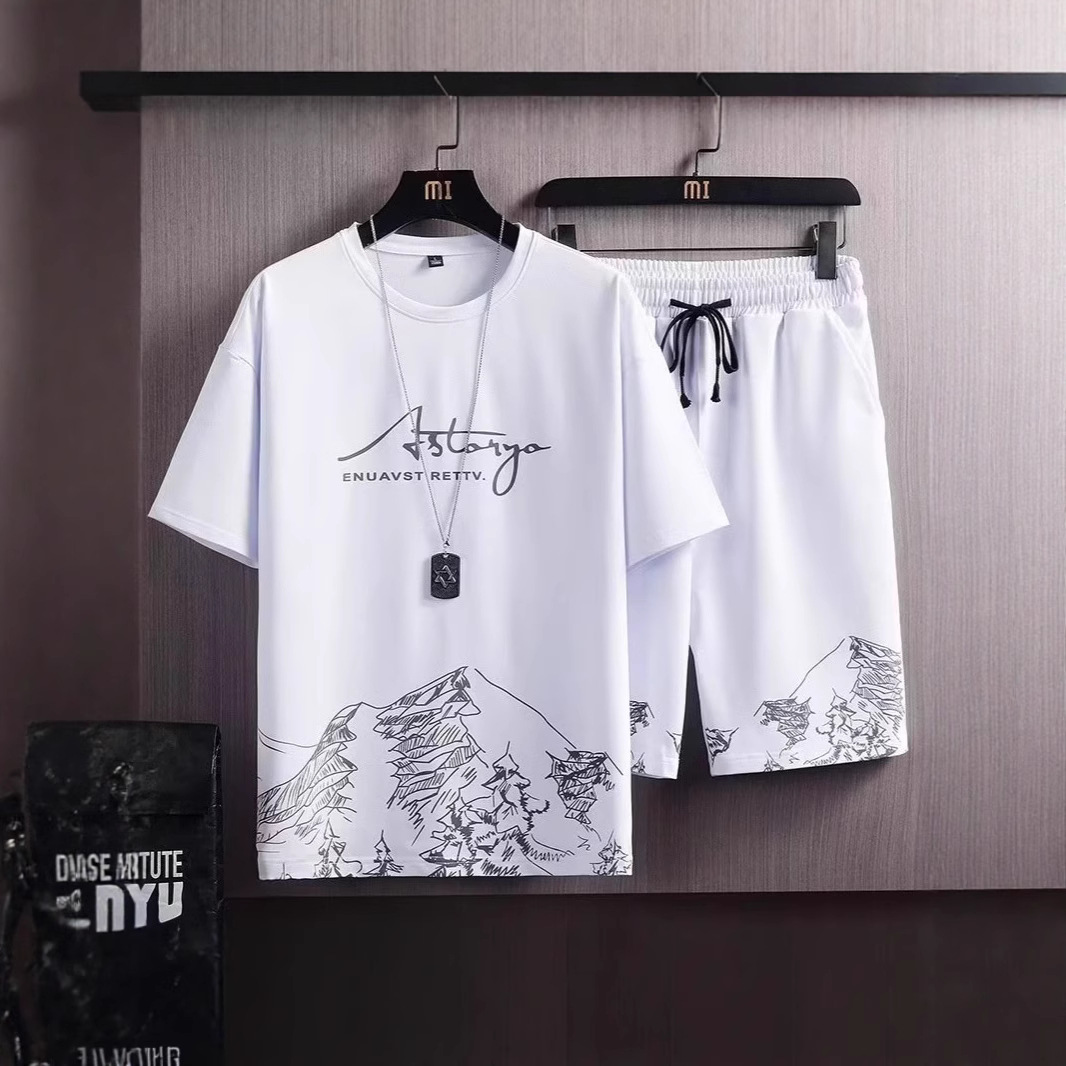 Men's Loose-fitting T-shirt 2025 Hong Kong Style Summer Korean Style Sports Suit Student Short Sleeve Simple Five-Point Pants Cross-border Wholesale