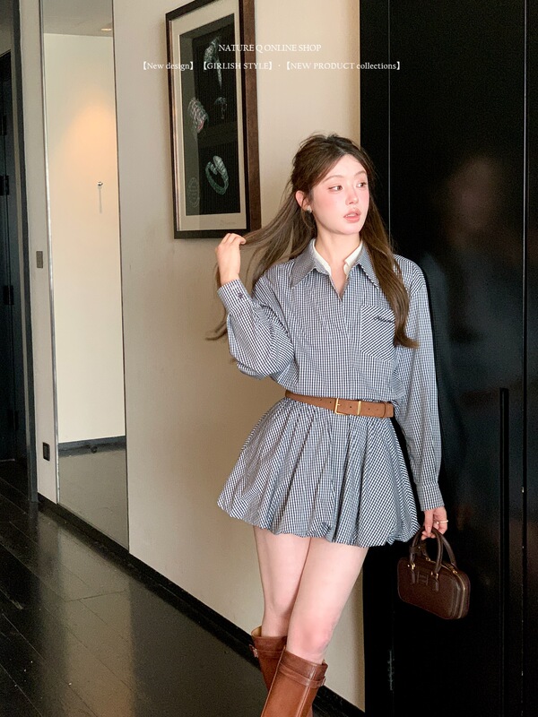 杨小卷 MIU系学院风设计感双层领格纹衬衫连衣裙女收腰花苞裙chic|undefined