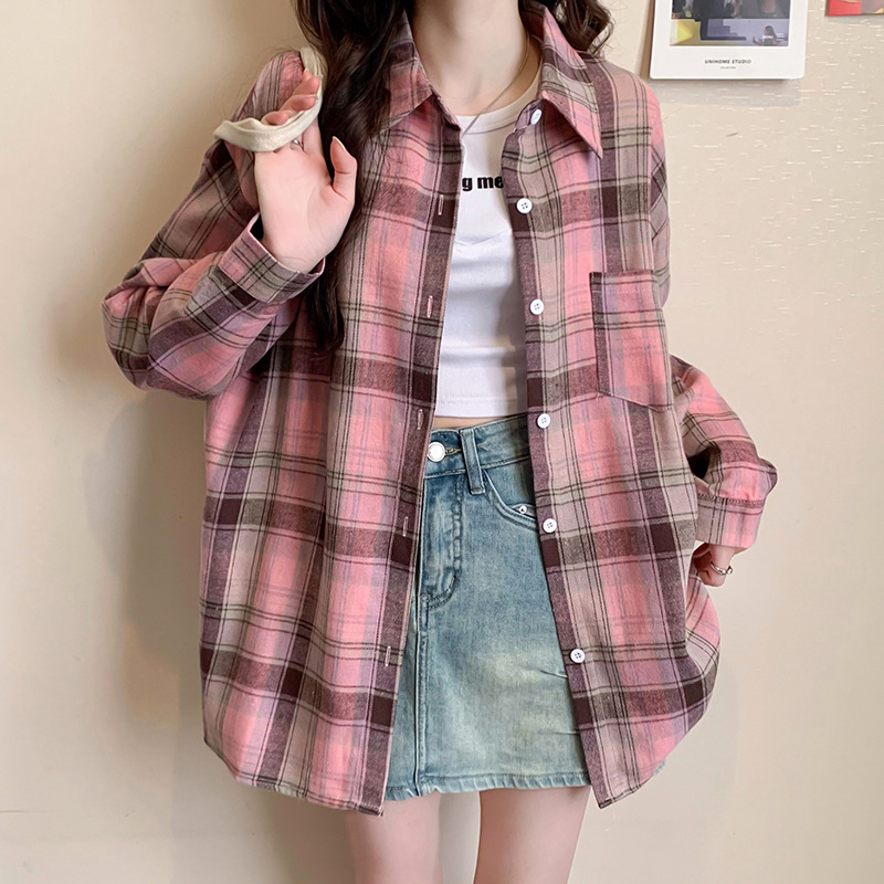 Brushed Plaid Shirt for Women 2026 Spring and Autumn Mid-Length Vintage Long-Sleeve Shirt Casual Jacket Top Trendy