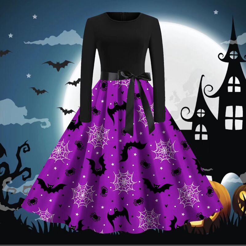 Independent Station Cross-Border Women's New Easter Gift Rabbit Easter Egg Pattern Printed Long-Sleeved Dress with Large Hem