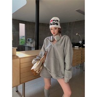 Early Autumn suit Lazy V-neck Hoodie Jacket Women's High Waist Loose Wide Leg Pants Shorts Casual Two-piece Set