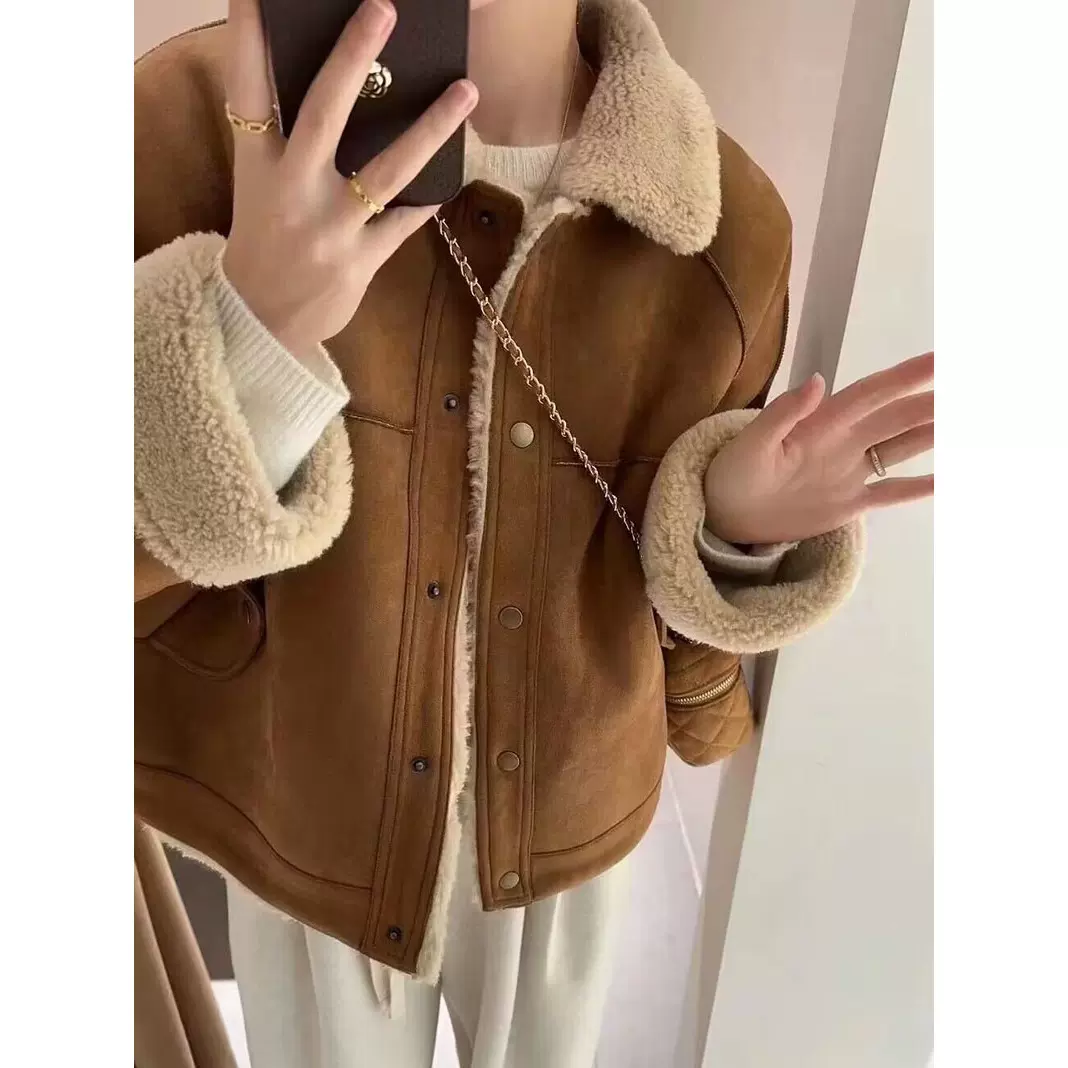 羊羔毛短外套女2024冬季新款复古保暖皮毛一体宽松加绒小个子上衣