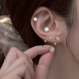 2025跨境欧美4爪超闪锆石耳钉圆形球塞耳骨钉小众设计养耳洞耳饰