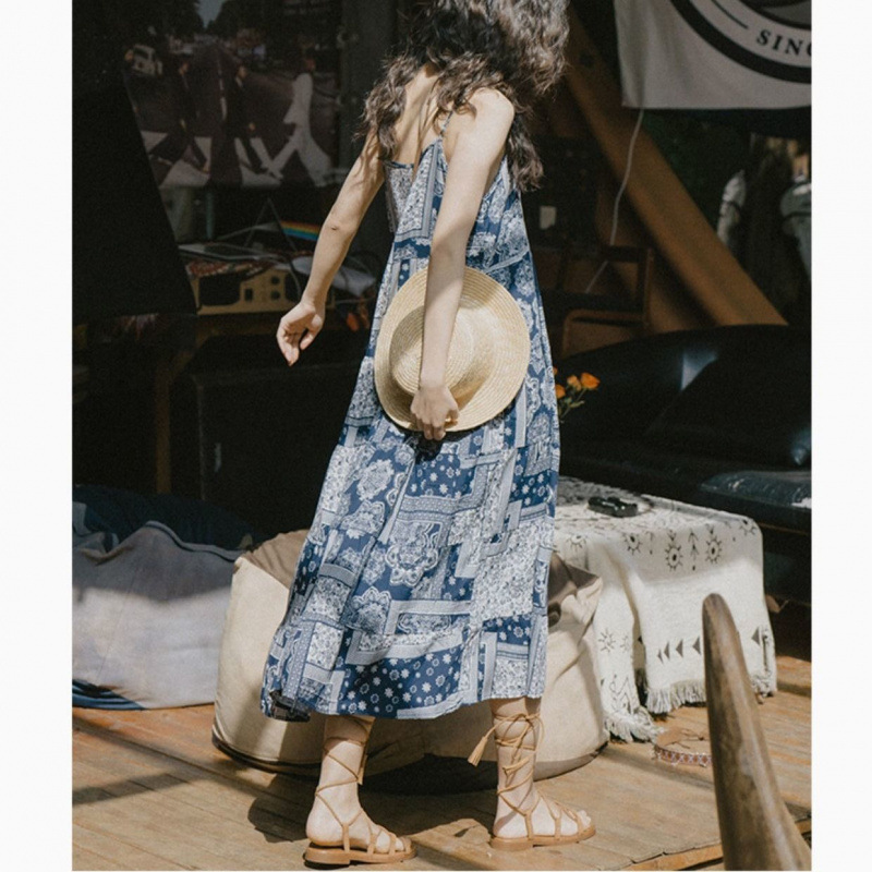 Blue ethnic slip dress for traveling from Yunnan province