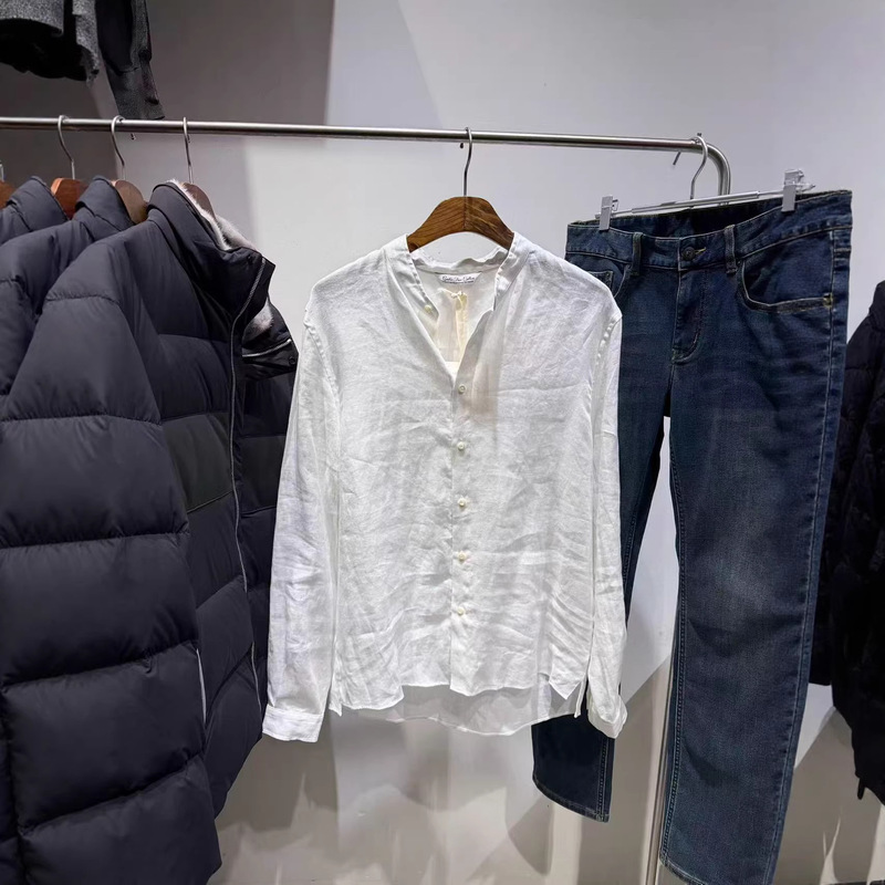 Cross-Border Linen Shirt Top, Stand-Up Collar Loose Shirt, New Long-Sleeve Cardigan, Linen White Shirt, Versatile Loose Fit for Men
