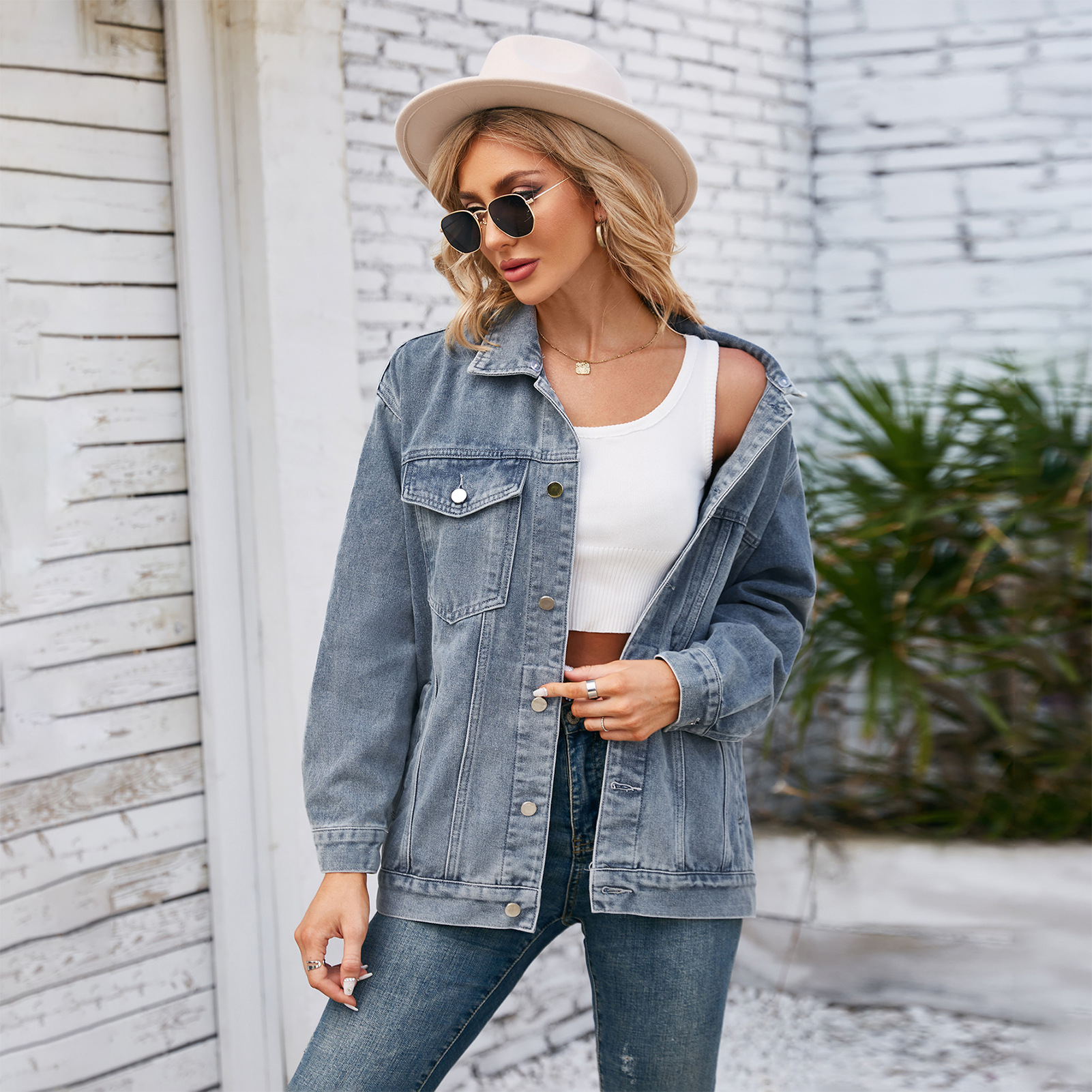 805g Weight Denim Jacket Outerwear Type Long Sleeve Sleeve Length Single Breasted Placket Type Denim Fabric Type Long Top Length Casual Occasion Turndown, Hooded Neckline Loose Fit Type Color Block Pattern Spring, Autumn Season Women's Gender Streetwear Style Women's Streetwear Color Block Single Breasted Denim Jacket 4