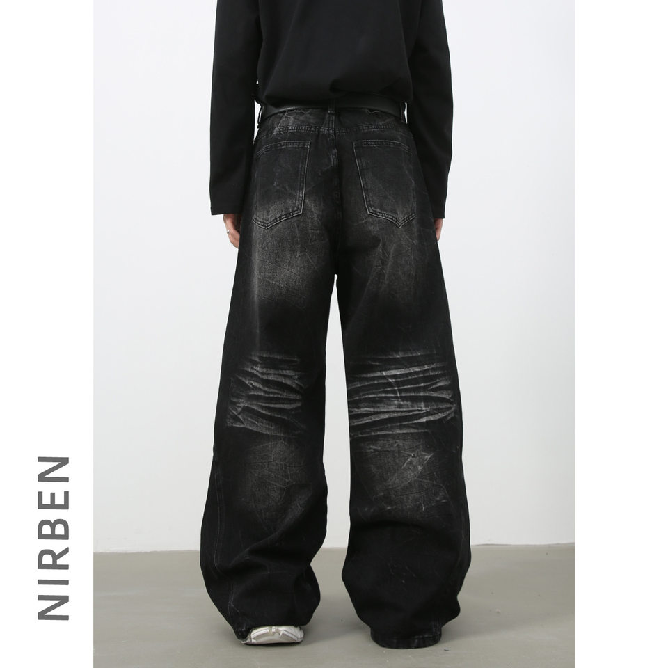 Quần jean nam ống đứng rộng rãi phối mảng giải cấu trúc, denim giặt nước — Đen xám