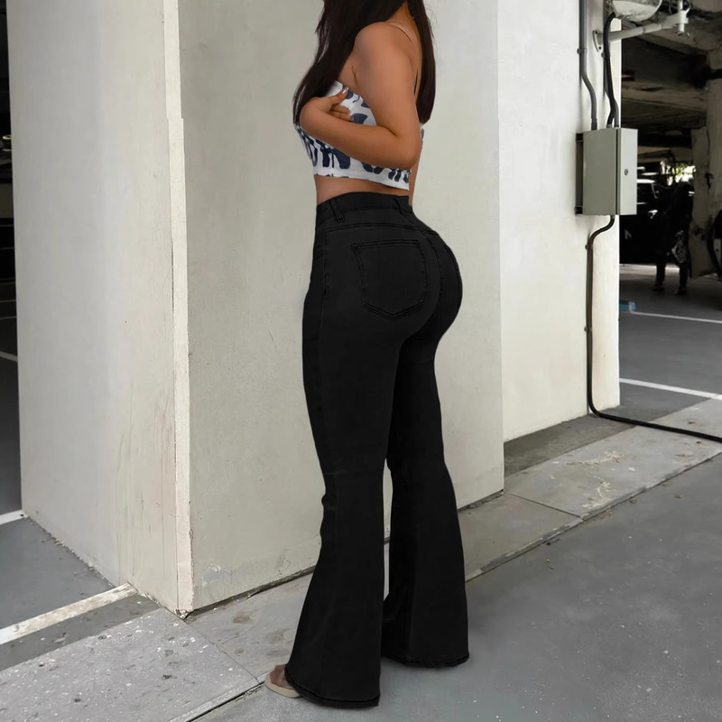 European and American Cross-Border Y2K High-Elastic Flared Pants Solid Color Jeans Street Style Pocket Slim Fit Commuter Long Pants for Women European and American Cross-Border Y2K High-Elastic Flared Pants Solid Color Jeans Street Style Pocket Slim Fit Commuter Long Pants for Women