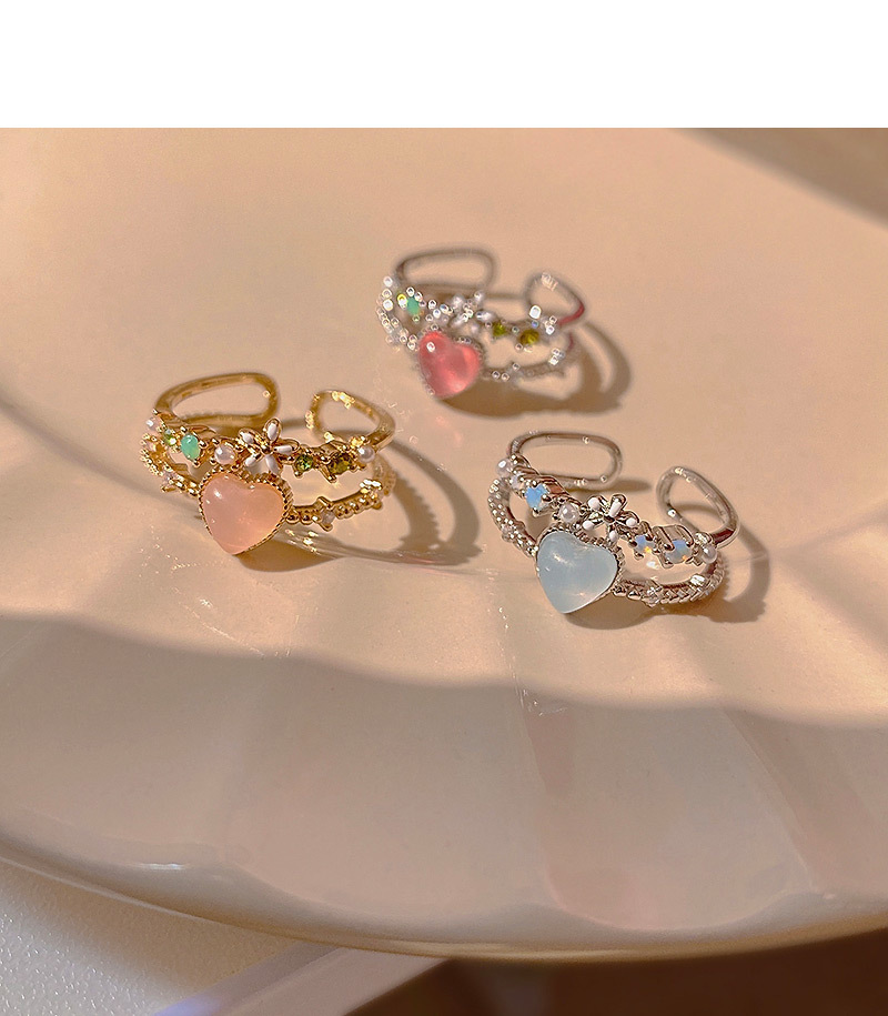 Fashion Heart Shape Flower Copper Zircon Open Ring 1 Piece