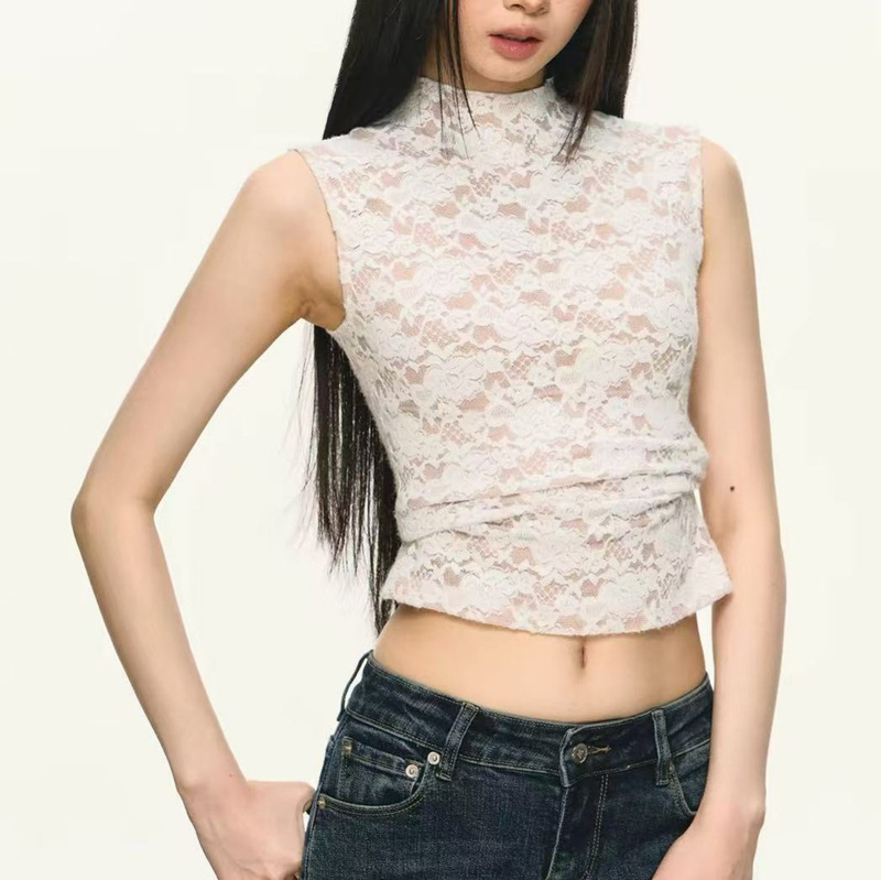 Sweet and Spicy Lace Half-High Collar Sleeveless Vest for Women, Summer Design, Slim Fit, Elegant Top Sweet and Spicy Lace Half-High Collar Sleeveless Vest for Women, Summer Design, Slim Fit, Elegant Top