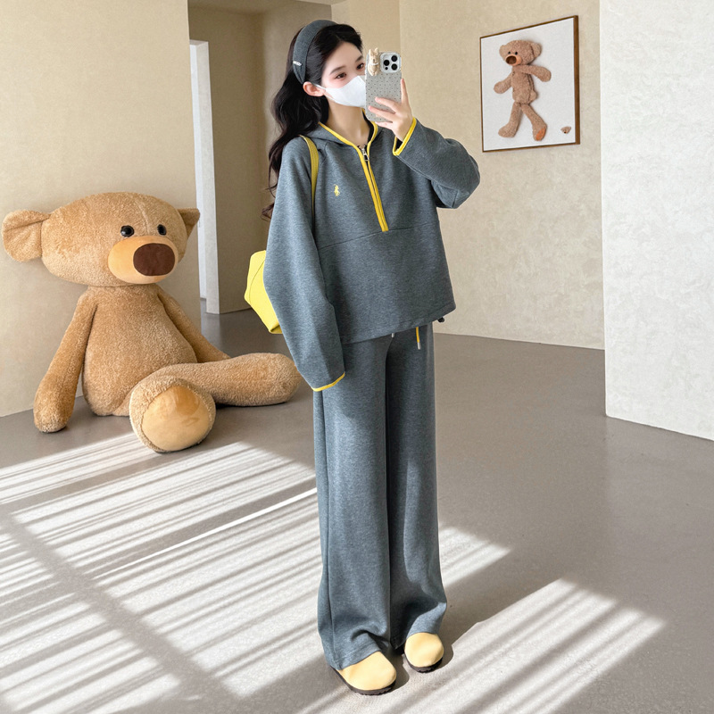孕妇装秋季新款休闲撞色复合连帽运动卫衣抽绳腰阔腿卫裤孕妇套装|undefined