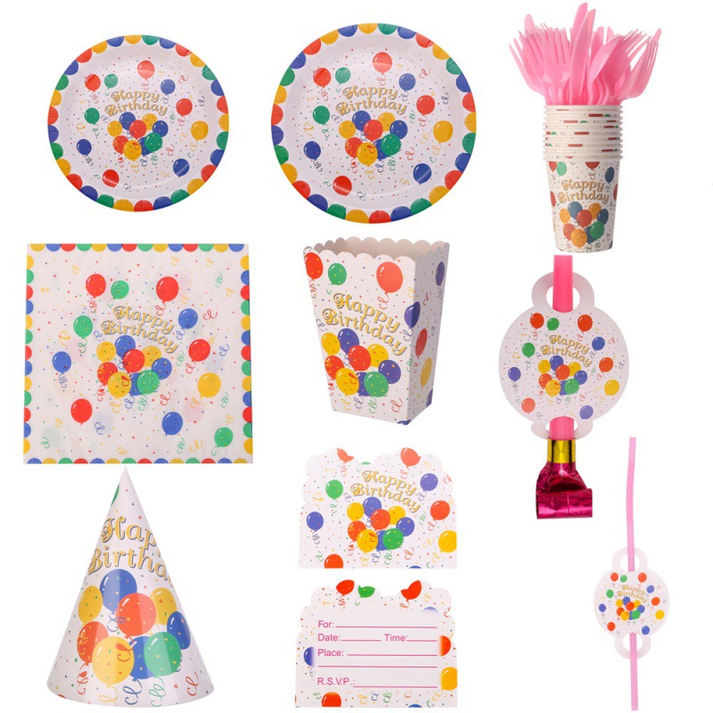 Nuevos globos de colores, feliz cumpleaños, decoración de fiesta, vasos de papel, platos de papel, decoración navideña, vestir, manteles desechables