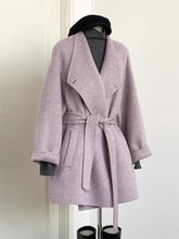2025秋冬季新款感小个子赫本风中长款紫色毛呢子大衣外套女