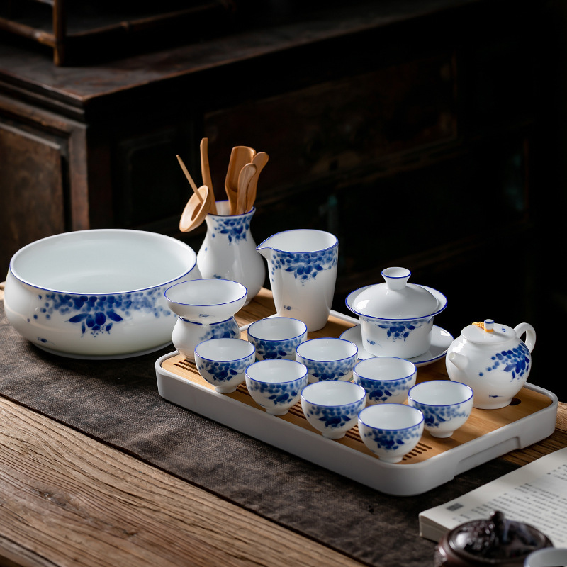 Juego de té de Kung Fu de cerámica de estilo japonés traje de hogar pintado a mano porcelana blanca sancai Tazón de cubierta taza de té tetera