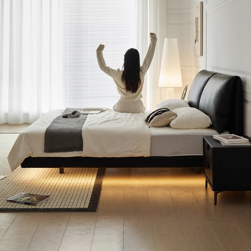 Cama flotante de cuero de orejas de elefante, estilo antiguo italiano minimalista, cama doble negra de 1.8m, cama principal de matrimonio