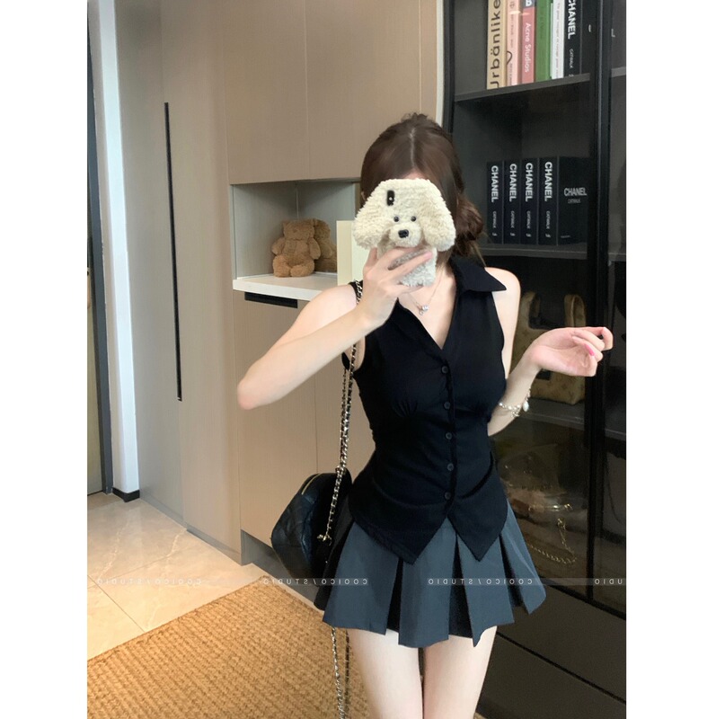 Polo Collar Sleeveless Halter Neck Camisole Women's Summer New Slim Fit Hot Girl Versatile Waist Slimming Elegant Top