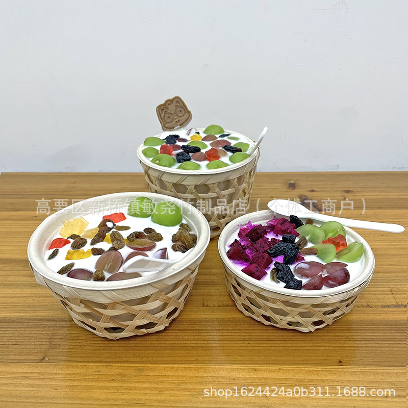 Tacos de barro de bambú, cestas de frutas, bocadillos, bocadillos, tiendas de té de leche, bocadillos creativos antiguos, decoración de pastel de flores de frijoles