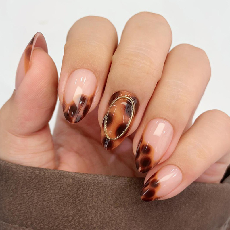 Foreign Trade Hot-Selling Almond Simple Press-On Nails, Leopard Print French Pointed Press-On Nails, 24 Pieces