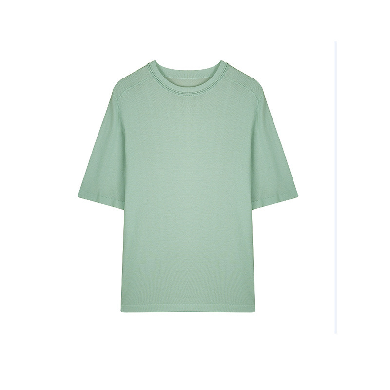 テンセル+シルク混紡 快適で丈夫な無地ラウンドネックニット半袖Tシャツ レディース 夏涼しい薄底|undefined