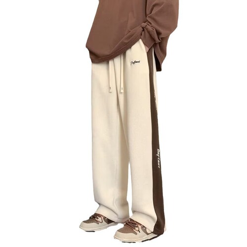 Men's Spring and Autumn Corduroy Pants, American Retro Patchwork Embroidered Sports Trousers, Loose Straight Leg Casual Long Pants for Youth