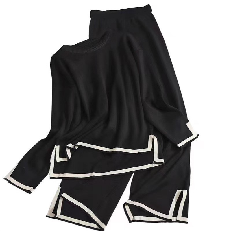 Europäische und amerikanische Damenmode: Grenzüberschreitendes, farblich abgesetztes Strickset mit Schlitz und langen Ärmeln._voghion.com