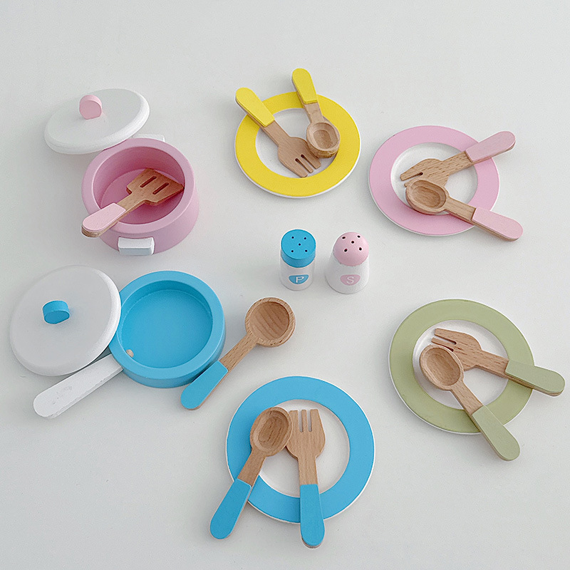 Juego de vajilla de estilo nórdico, juguetes de madera para niños, vajillas de colores, cucharas de sopa de madera, juguetes de cocina para el hogar