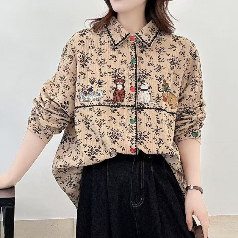 Autumn and Winter New Japanese Retro Floral Print Embroidered Long-Sleeve Shirt for Women, Loose Casual Versatile Top for Women Autumn and Winter New Japanese Retro Floral Print Embroidered Long-Sleeve Shirt for Women, Loose Casual Versatile Top for Women