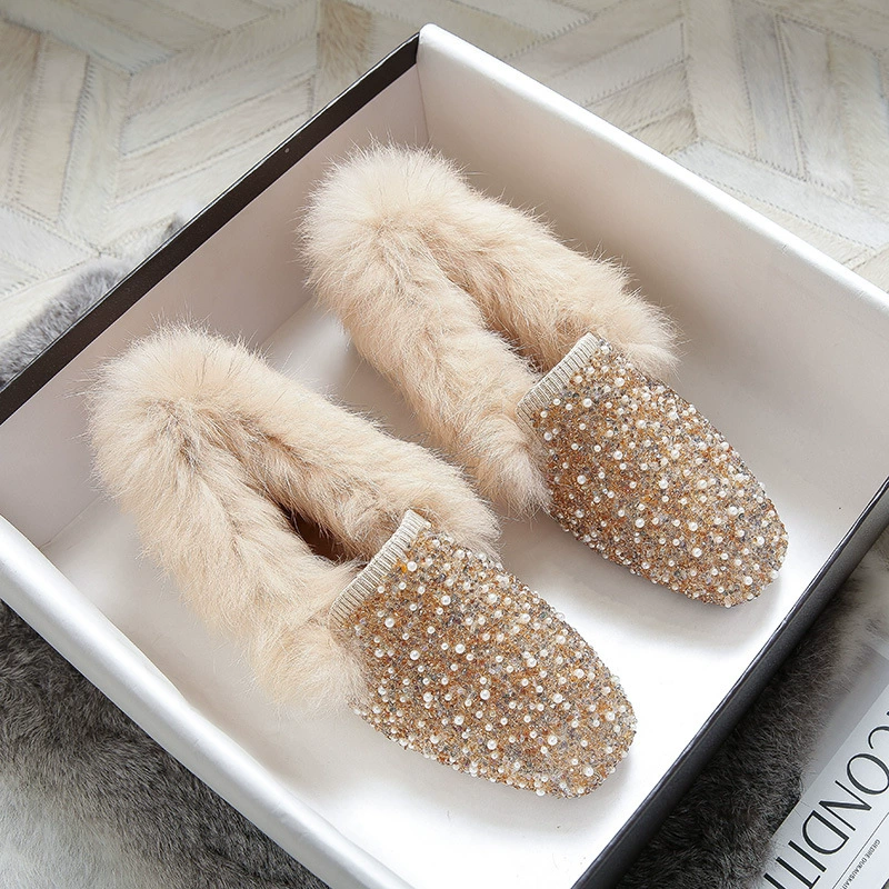 Осенне-зимняя одежда с плоским дном из овечьей шерсти Обувь из фасоли на флисовой подкладке на педали Обувь Мао Женская хлопковая обувь больших размеров женская обувь 41-43